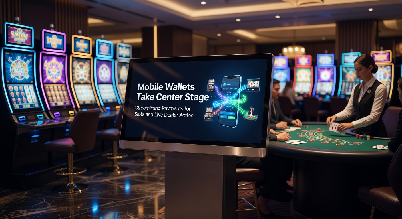 Grafik mit verschiedenen Mobile-Wallet-Icons, die in ein Casino-Interface mit Slots und Live-Dealer-Tisch übergehen, unterstreicht die Integration