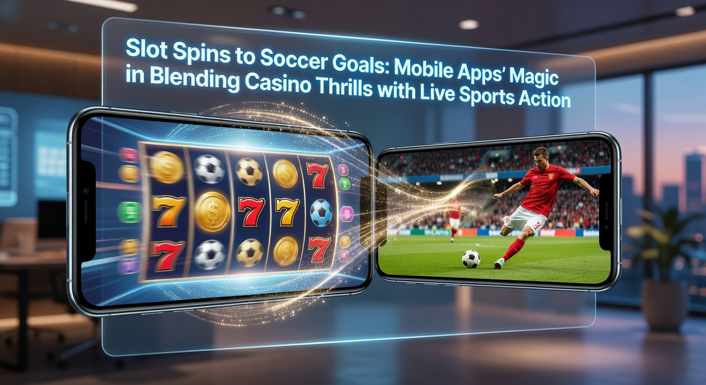 Benutzerhand mit Smartphone, das ein Fußballmatch und drehende Slot-Rollen zeigt, während ein Tor gefeiert wird